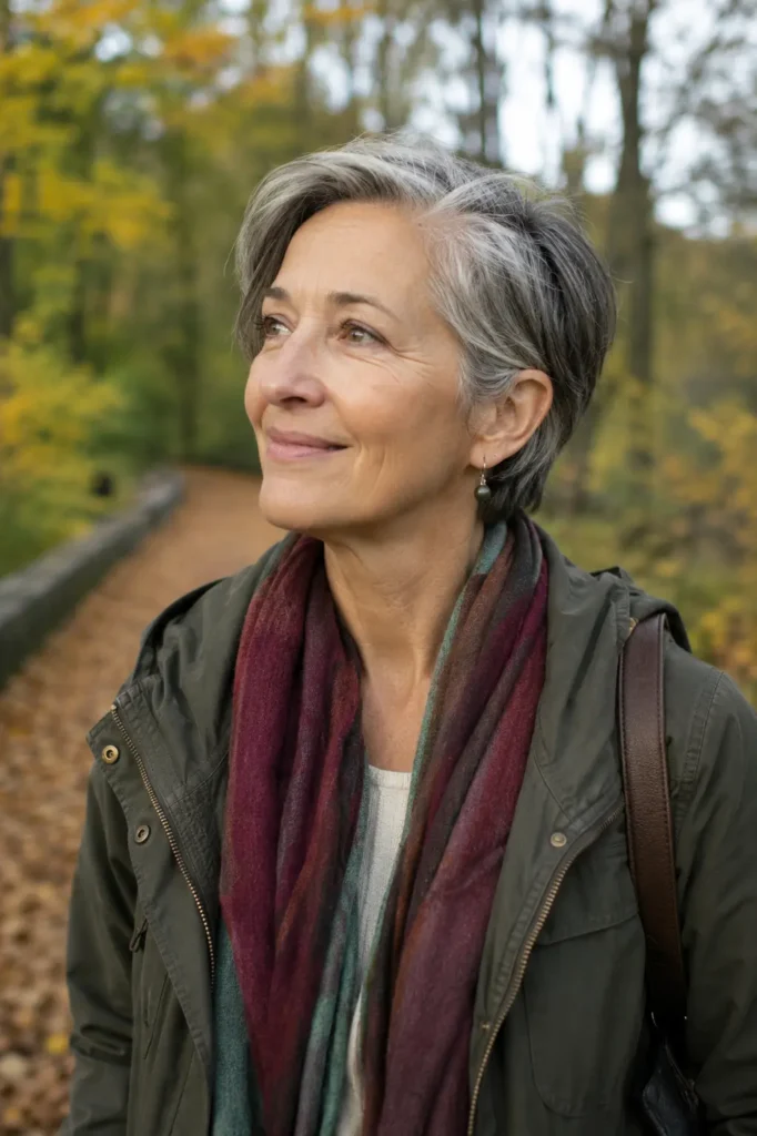 a real woman in her early 60s during an autumn walk, featuring a stylishly grown-out pixie haircut tucked behind one ear with a natural blend of silver and dark hair. She has a relaxed, content expression and wears a cozy scarf and jacket,