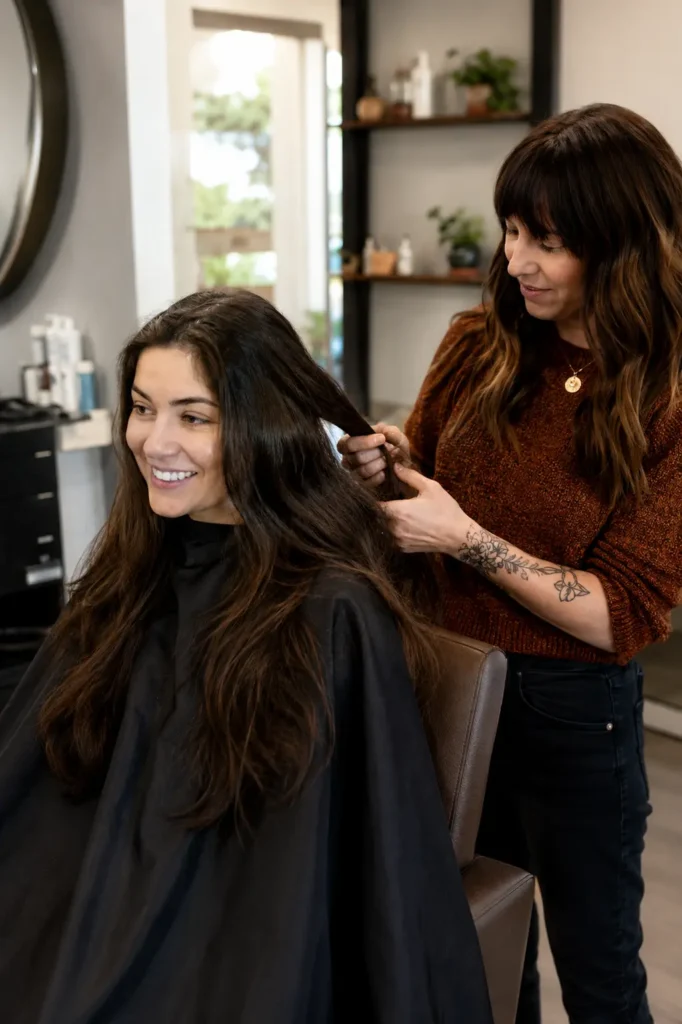A real young woman sitting in a salon chair while a hairstylist gently sections and handles her thick dark hair. The scene captures a natural salon interaction with soft lighting