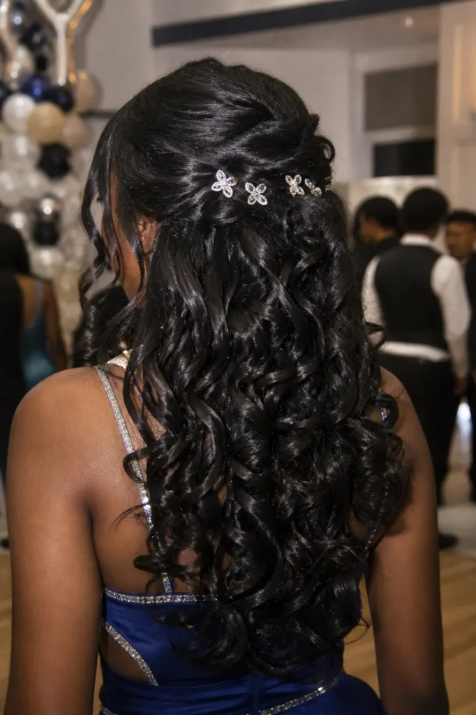 Back view of a Black teenage girl at prom with a half-up, half-down curly hairstyle decorated with rhinestone clips, wearing a formal dress