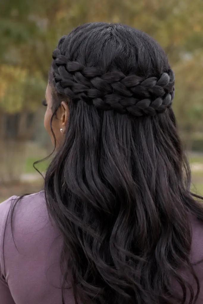Back view of a real Black woman wearing a braided crown half-up half-down hairstyle, featuring an elegant braid wrapped across the crown with long, soft wavy hair flowing down her back