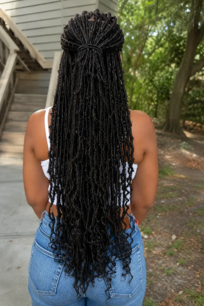 Back view of a real Black woman wearing a faux locs half-up half-down hairstyle with long textured locs cascading down her back.