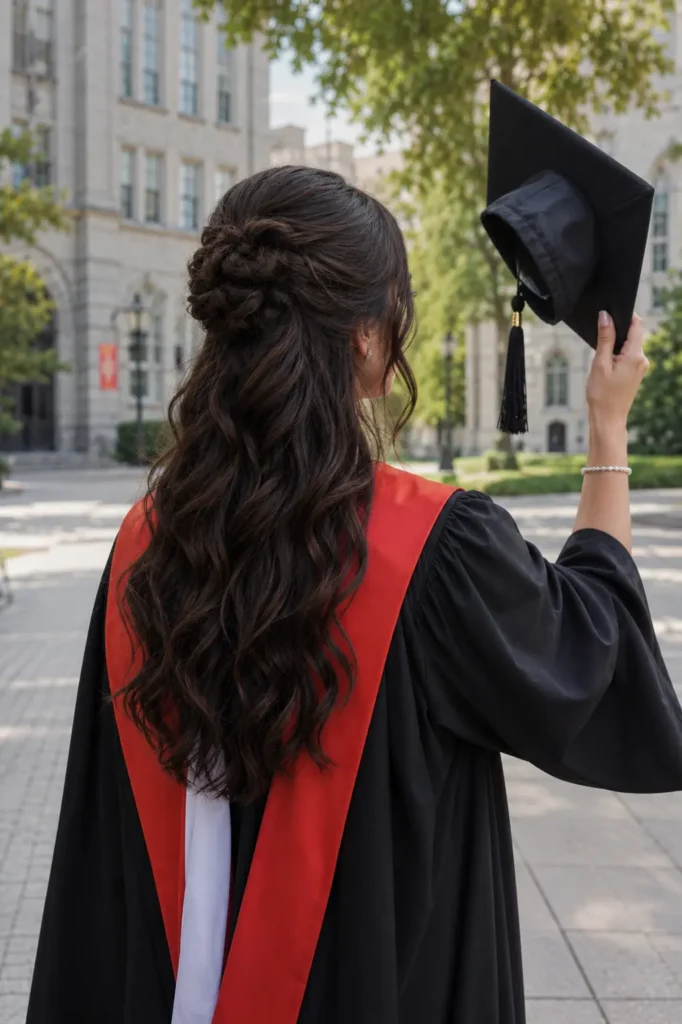 Back view of a real young woman wearing a graduation gown with an elegant half-up half-down hairstyle featuring soft waves and crown volume