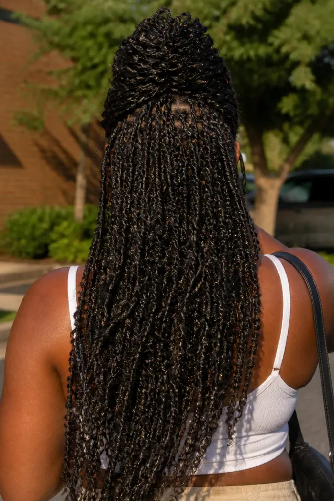 Back view of a real Black woman wearing a passion twists half up half down hairstyle, with soft textured twists flowing naturally down her back and the top section styled up.