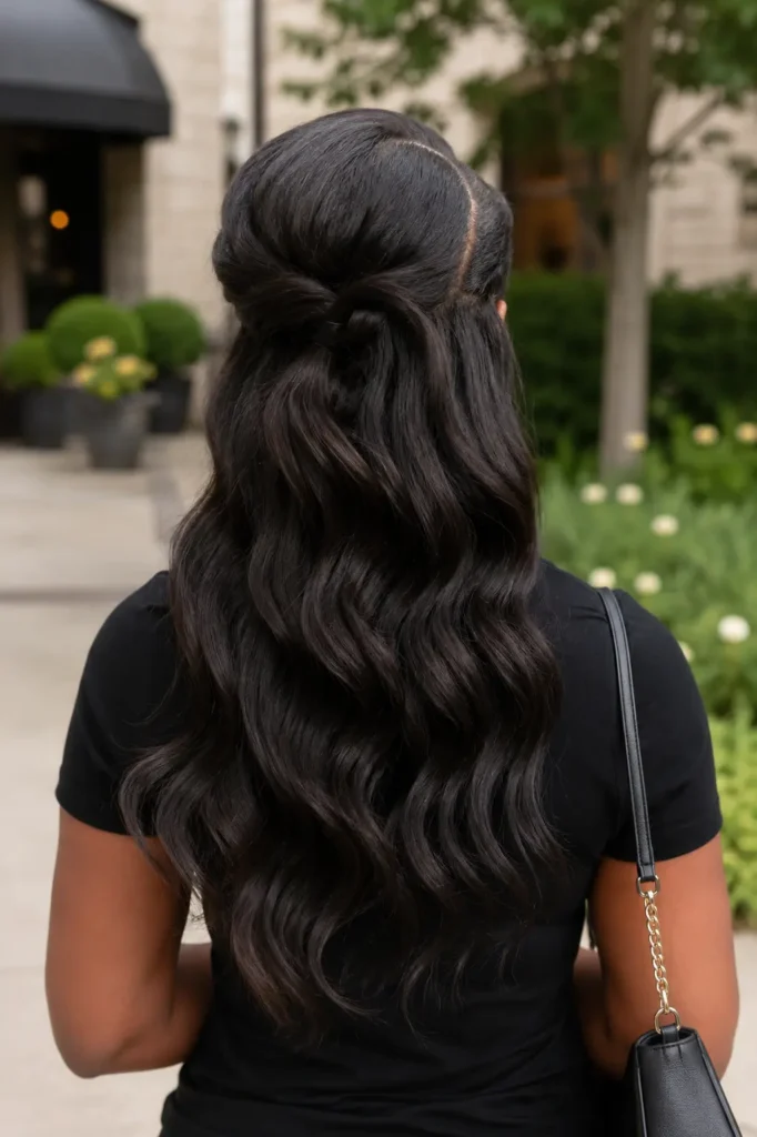 Back view of a real Black woman wearing a black top, styled with a half up half down hairstyle featuring deep side-parted soft waves cascading down her back.