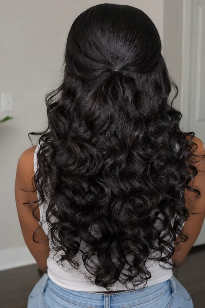 Back view of a real Black woman with soft half-up half-down curls and a middle part, featuring long defined curls cascading down her back in a natural flow