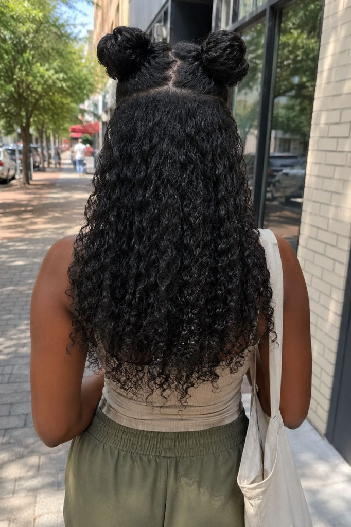 Back view of a real Black woman wearing a half-up half-down space buns hairstyle with two playful buns on top and long defined curls flowing down her back. She is walking outdoors on a sunny city