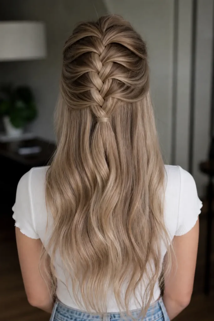 Back view of a real young woman with a Dutch braid half-up hairstyle, featuring raised, neatly woven braids flowing into long, loose light ash blonde hair. The hair is styled with clean sections and visible braid texture, captured in soft natural lighting with a mid-back framing, highlighting smooth flow and realistic detail.