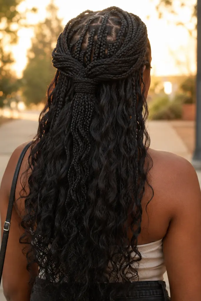 Back view of a real Black woman wearing a goddess braids half up half down hairstyle with a braided crown top section and long soft wavy hair flowing down her back. 