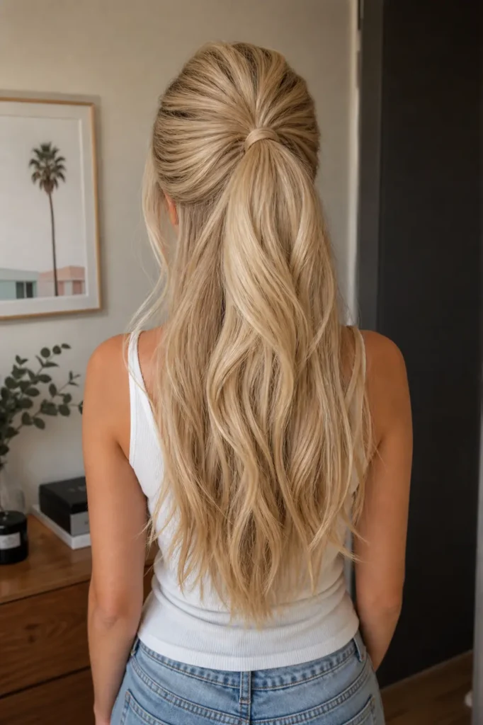 Back view of a real girl with a voluminous high pony half-up half-down hairstyle, lifted crown adding height and structure, cream blonde flowing lengths cascading to mid-back, 