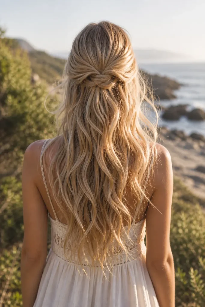 Back view of a real girl with sunlight blonde hair styled in a boho half-up half-down look, featuring loose textured waves cascading to mid-back.