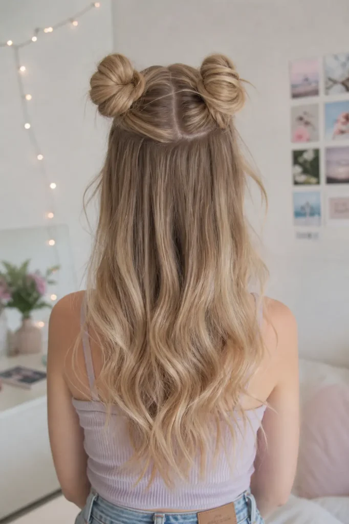 Back view of a real girl with pastel blonde hair styled in mini space buns half up half down. Two small, neatly sectioned buns sit on top while long, loose waves flow to mid-back.