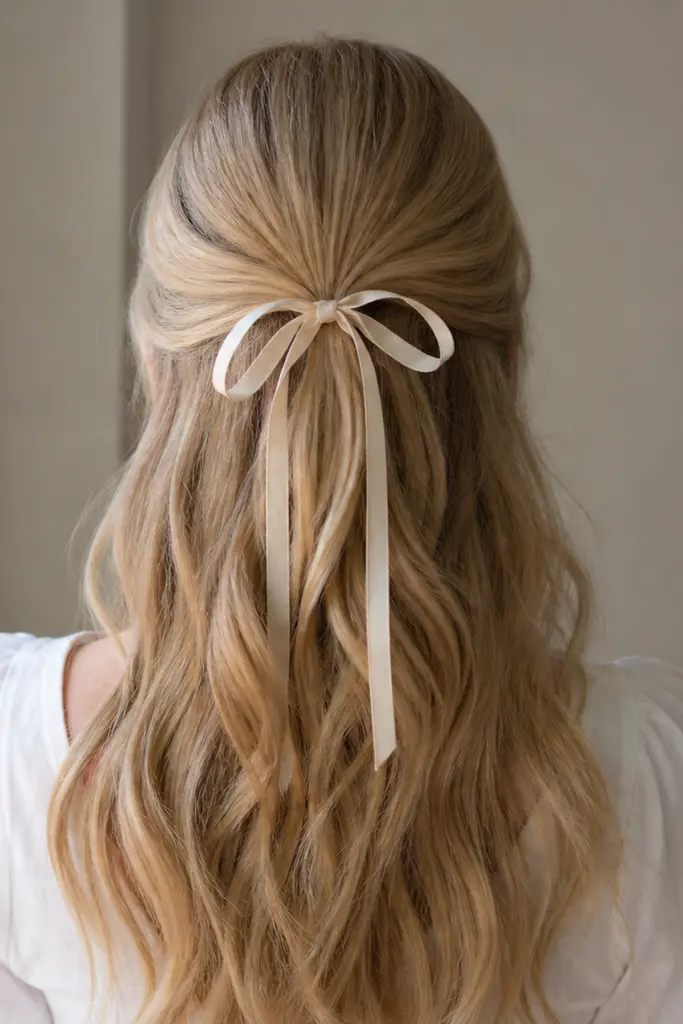 Back view of a real young woman with vanilla blonde hair styled half up and half down, secured with a soft ribbon bow