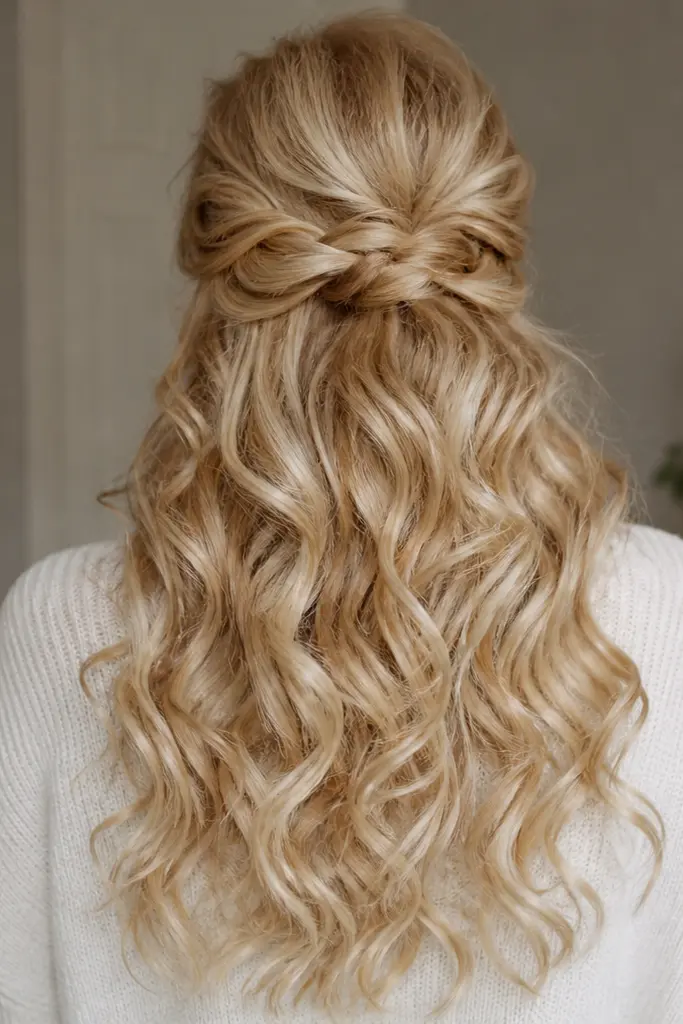 Back view of a real girl with a layered curly half-up half-down hairstyle, featuring soft cascading curls and voluminous texture in a golden cream blonde shade