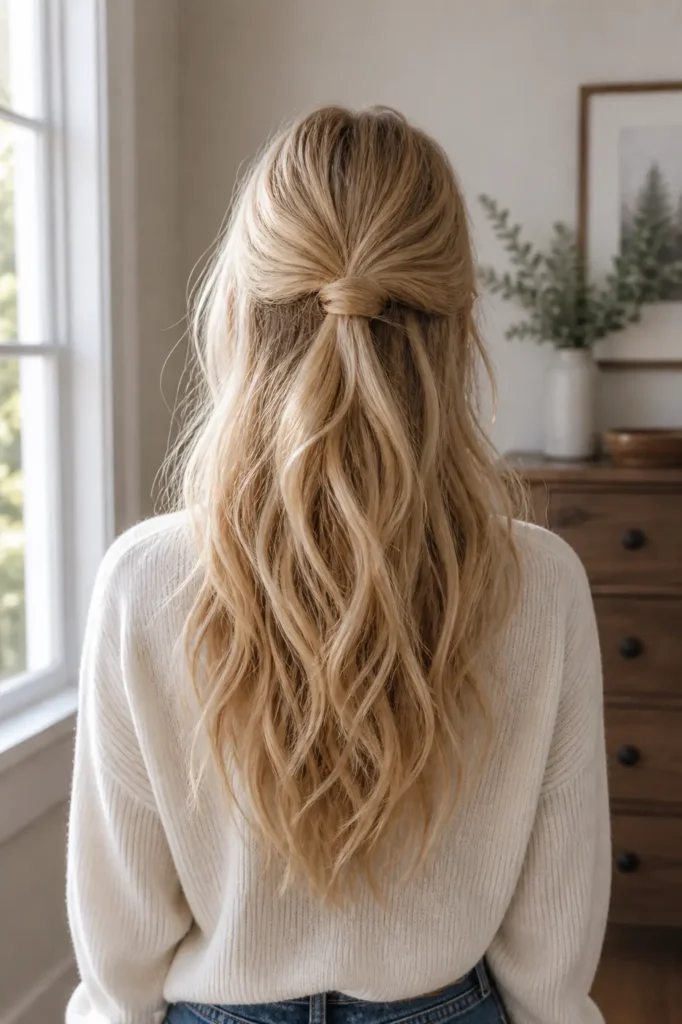 Back view of a real young girl with soft wavy half-up half-down hairstyle, layered ends and butter blonde hair, gently flowing in indoor daylight with natural texture and mid-back framing.