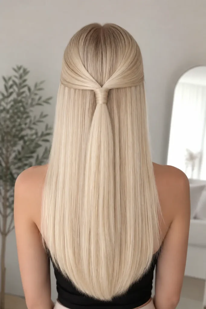 Back view of a real girl with ultra-sleek, straight platinum blonde hair styled in a half-up half-down look with a clean middle part.
