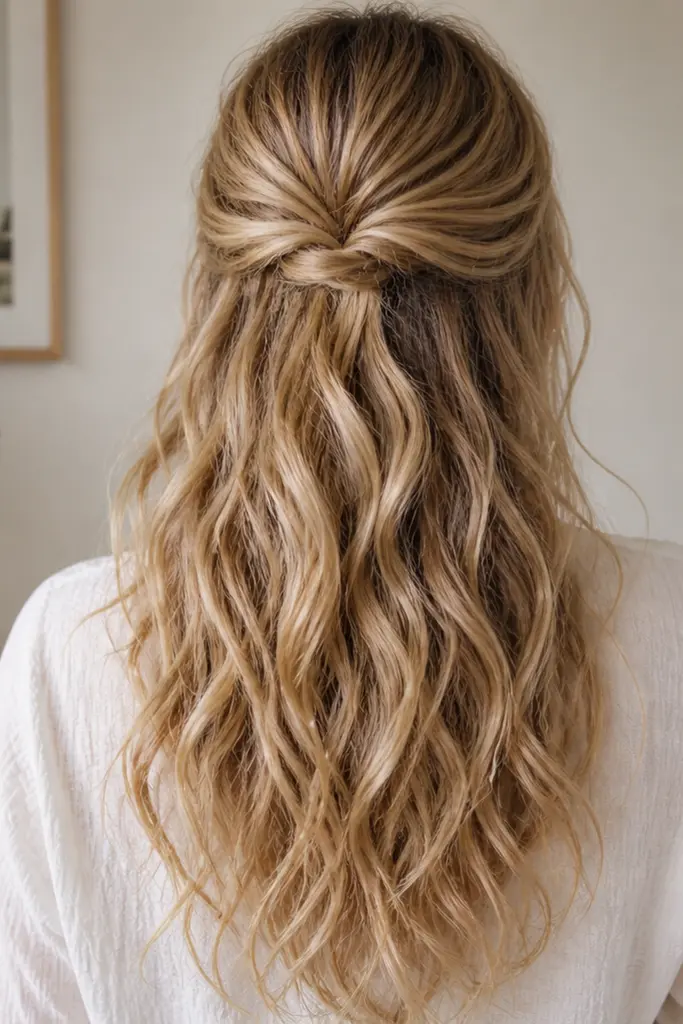 Back view of a real girl with a textured wavy half-up, half-down hairstyle in wheat blonde, soft defined waves cascading to mid-back, styled with volume and natural flow
