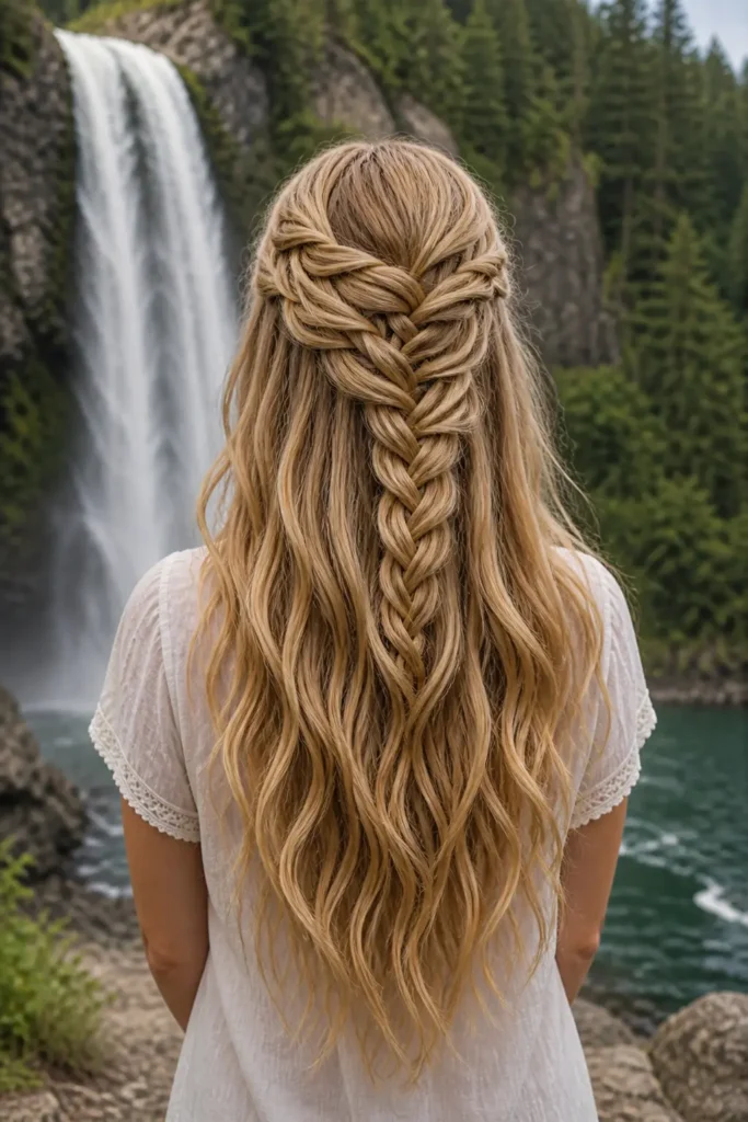 Back view of a real young woman with golden blonde hair styled in a waterfall braid half-up, half-down hairstyle, the intricate braid cascading smoothly into long, loose waves