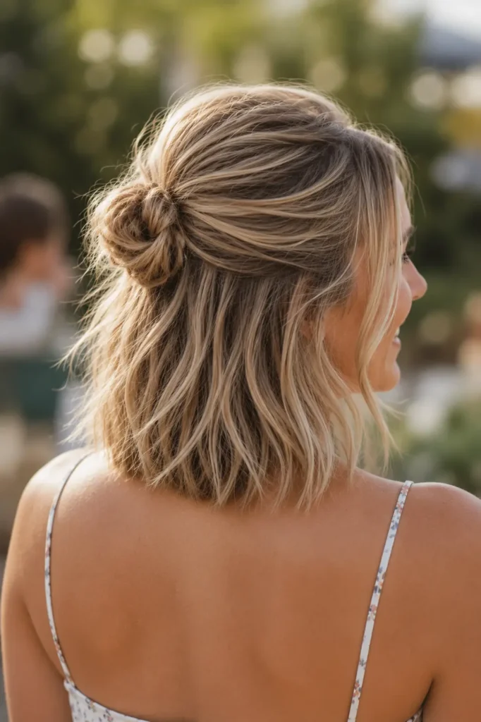 Close-up view of a real woman in her late 20s with a voluminous half-up lob hairstyle for fine hair, featuring lifted crown volume and soft textured waves
