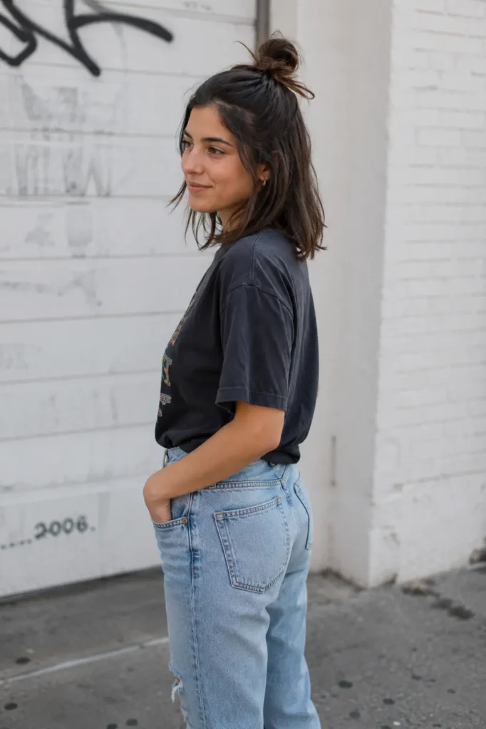 Side profile of a real girl with a half-up top knot bun hairstyle, medium-length dark hair, and a relaxed candid expression, standing outdoors in a casual black T-shirt and light blue jeans
