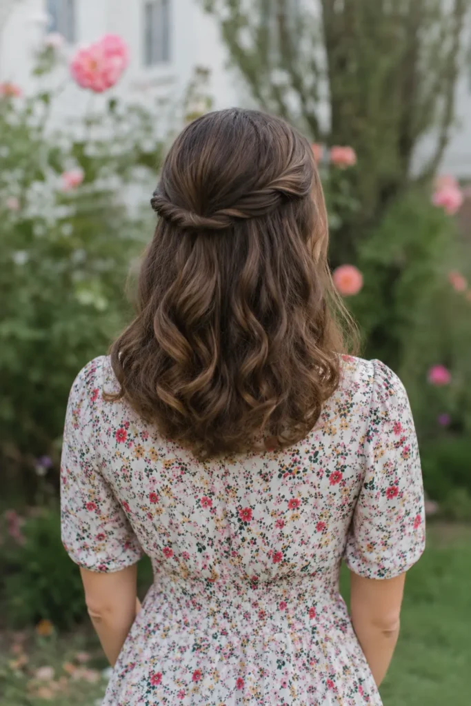 Back view of a real girl with medium-length half-up twisted hairstyle and soft curls, wearing a floral dress in a natural garden setting