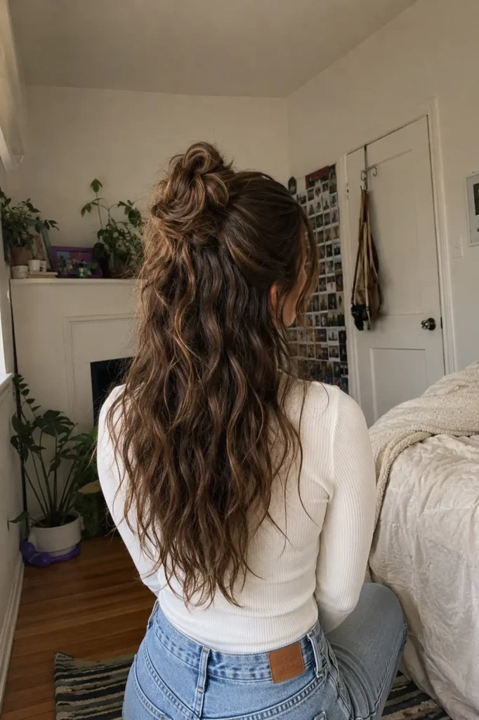 a young woman sitting in a cozy sunlit bedroom with long thick wavy hair styled half-up in a messy bun. She wears a fitted cream top and light blue jeans,