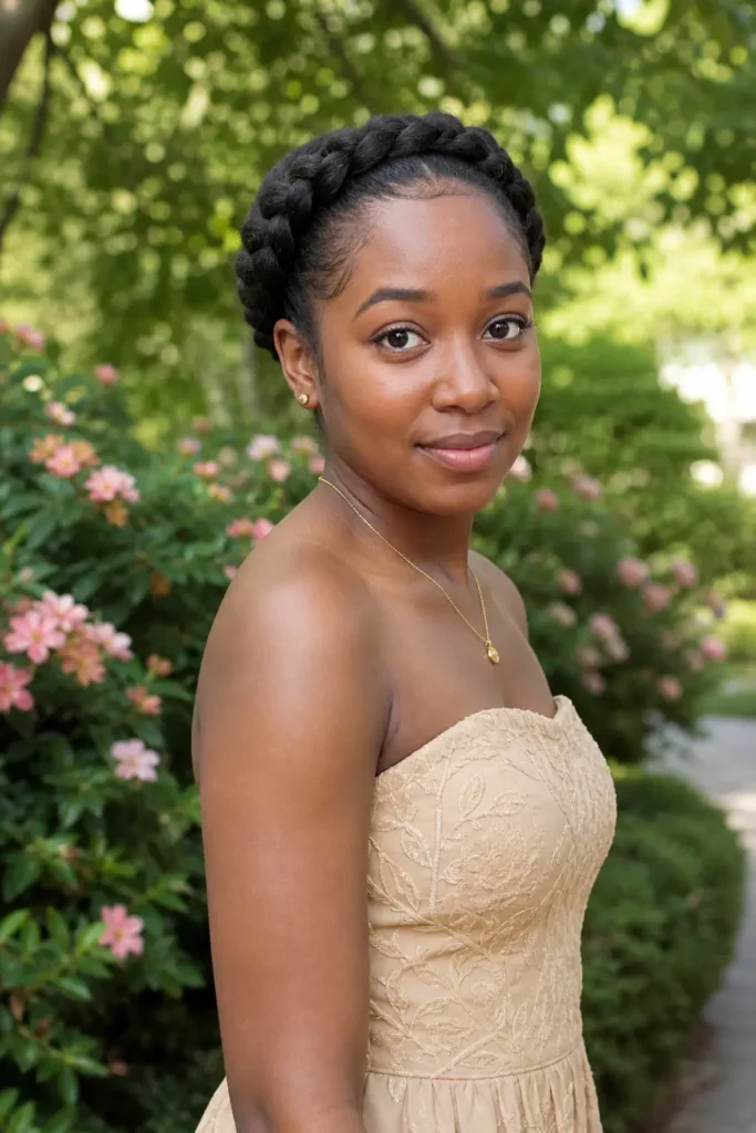 Real young Black woman wearing a halo crown braid hairstyle, standing in an outdoor garden with soft daylight. She has minimal makeup and a natural, elegant look, wearing a strapless beige embroidered dress with delicate gold jewelry