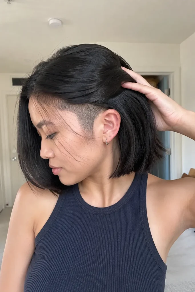 Real girl with thick black hair styled in a sleek hidden undercut bob, lifting the top layer to reveal a shaved side section. She is indoors in natural daylight, wearing a dark sleeveless top