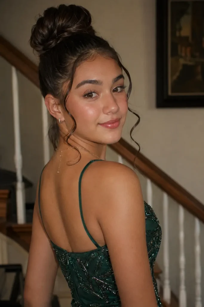 Real teenage girl, around 13–14 years old, wearing an elegant dark green formal dress and soft glam makeup. Her hair is styled in a high bun with curled face-framing tendrils, highlighting the smooth bun detail and delicate curls