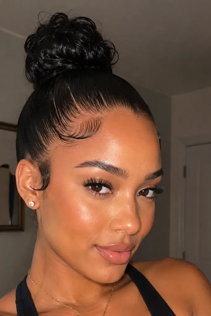 a young woman with a sleek high bun and styled baby hairs, featuring glossy polished edges, natural glam makeup