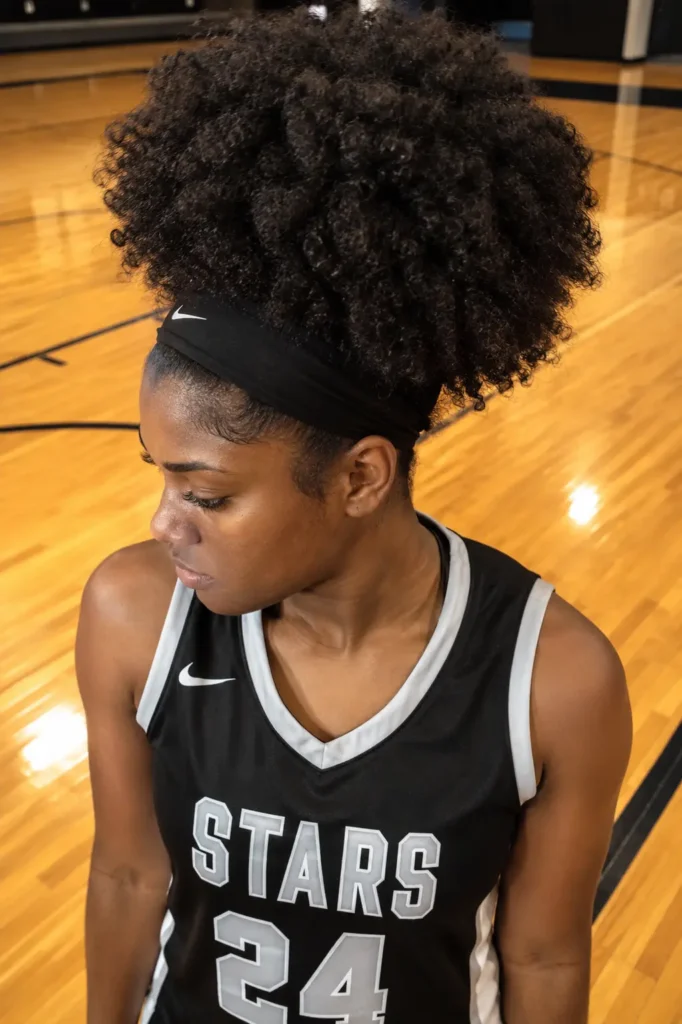Young Black woman wearing a basketball jersey indoors with a full high natural puff secured by a wide black headband