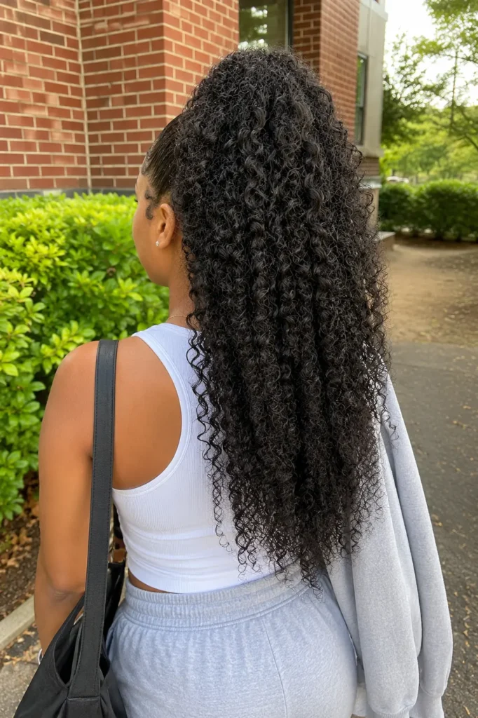 High curly quick weave ponytail hairstyle shown from both front and back views on a real young woman with natural facial features