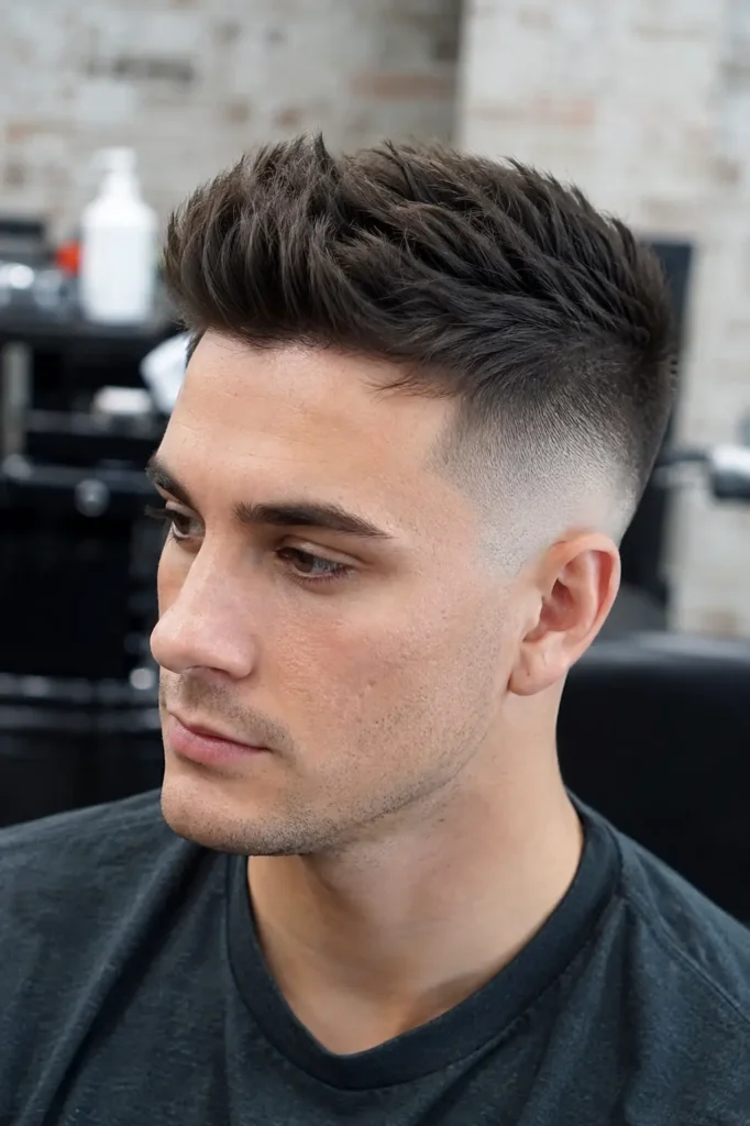 a  young man with a high fade and textured quiff haircut, showing detailed volume and clean fade transitions.