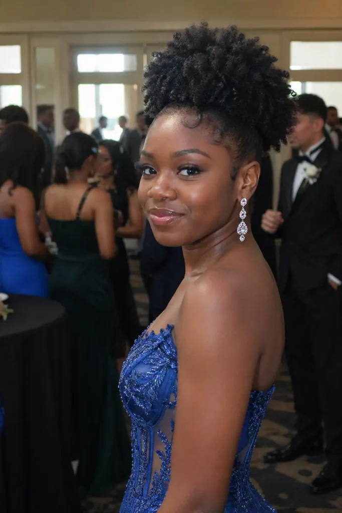 a Black teenage girl at a prom or formal event. She is wearing a strapless, elegant blue gown with intricate detailing and sparkling drop earrings. Her hair is styled in a high puff with natural curls.