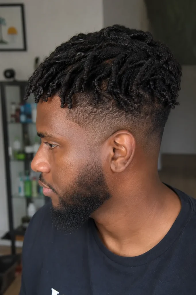 Black man with high-top barrel twist locs and a low fade haircut, shown in a side-profile portrait. He has natural skin texture, authentic facial features, and a neatly trimmed beard. Wearing a casual dark T-shirt