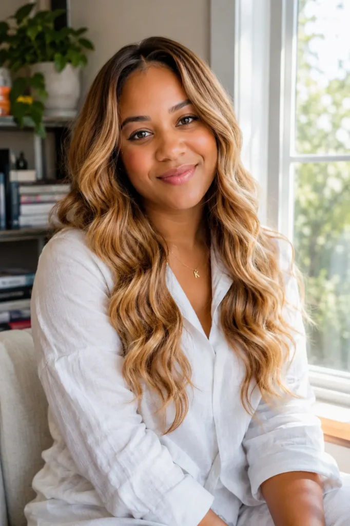 woman with medium-brown skin wearing a long honey blonde balayage deep wave wig with caramel roots and golden blonde ends, sitting by a sunlit window in a casual white linen top