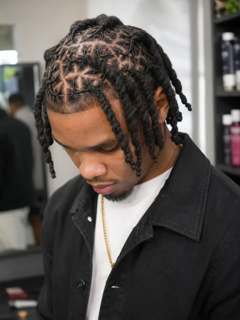 a young African American man with an intricate barrel twist loc hairstyle featuring geometric parting patterns and detailed twists across the scalp. He wears a black jacket over a white shirt with a gold chain necklace