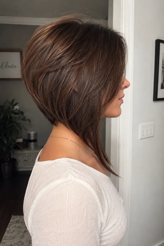 Sleek chestnut brown inverted layered bob haircut with stacked back layers, longer angled front sections, and lifted crown volume on a real everyday woman indoors, captured in soft natural lighting.
