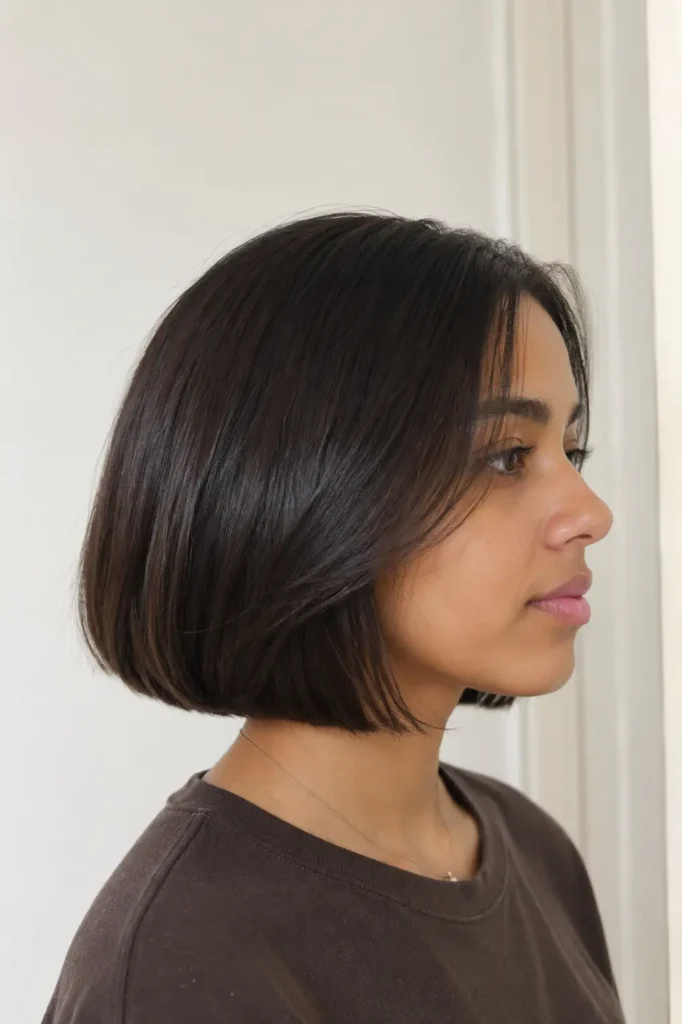 a young woman indoors with a smooth dark bob haircut featuring invisible layers and a glossy finish. She wears a simple dark top