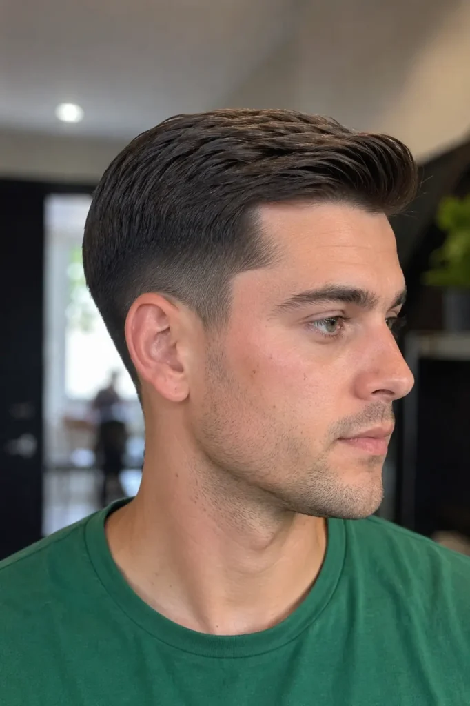 a young man in a green shirt with an Ivy League taper haircut, featuring neat side styling, clean taper fade details,