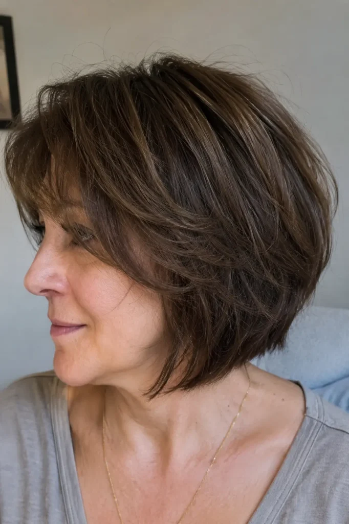 a woman around 50–60 years old with a jaw-length layered bob hairstyle featuring soft volume and textured layers