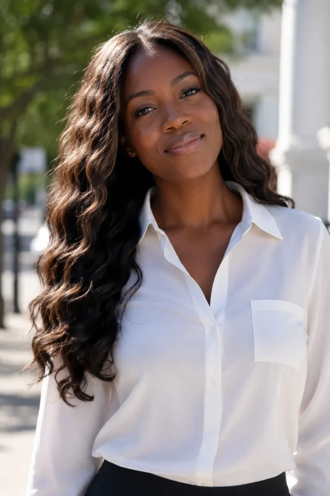 a woman in her early 30s with deep ebony skin and long jet black deep wave hair featuring subtle blonde babylights. She wears a classic white blouse