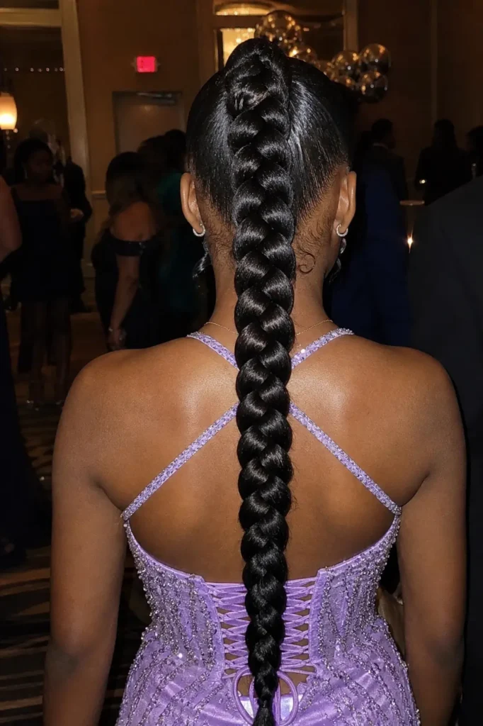Back view close-up of a real Black teenage girl at prom, showcasing a sleek jumbo braid ponytail flowing down her back,