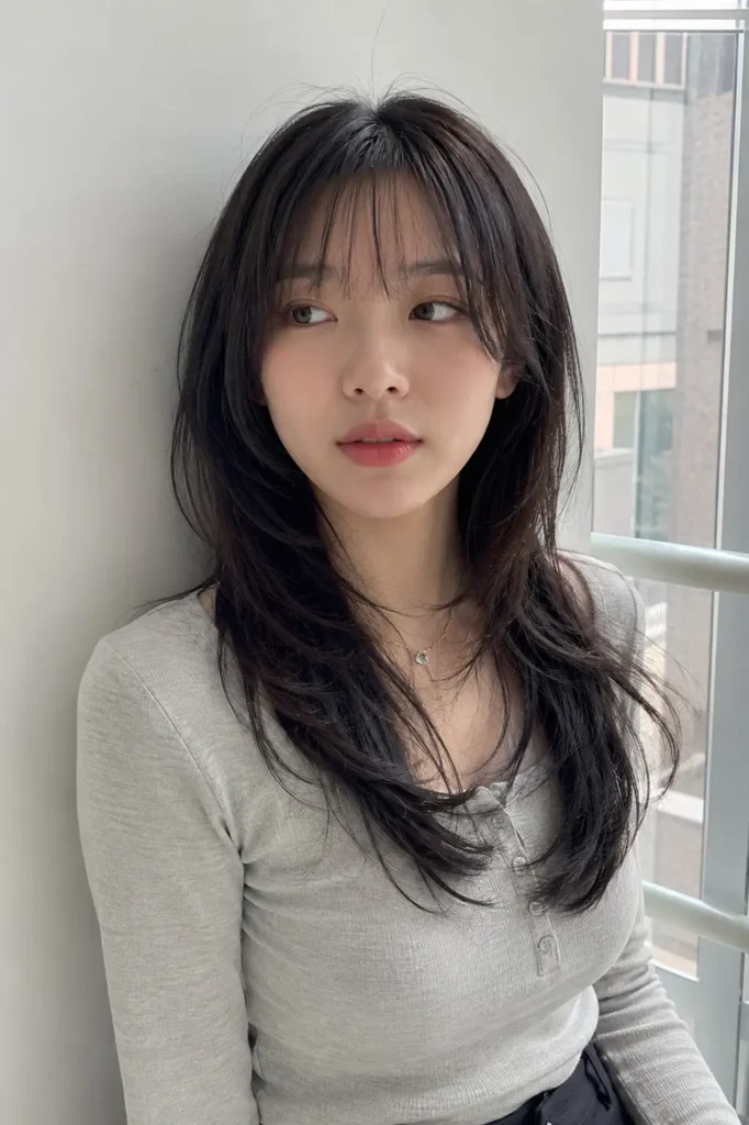 girl with a Korean wolf cut hairstyle featuring soft airy layers and see-through bangs, standing indoors in natural daylight.