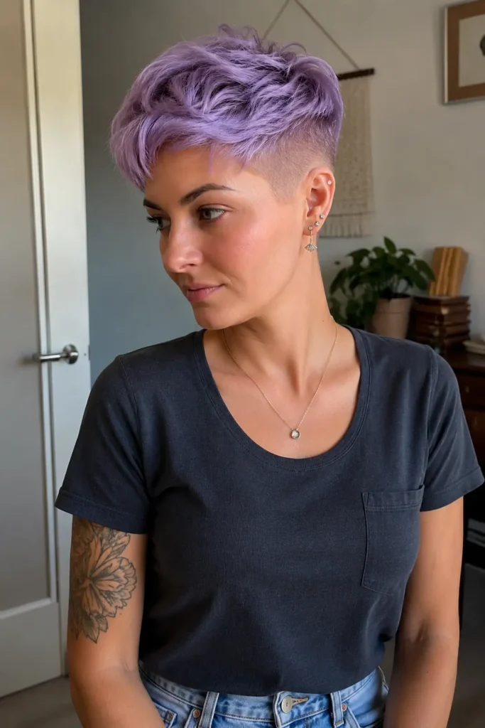 a real young woman with a lavender pixie fade haircut featuring pastel purple textured layers on top and closely faded sides. She wears a full dark charcoal T-shirt and light blue high-waisted jeans in a softly lit indoor setting.