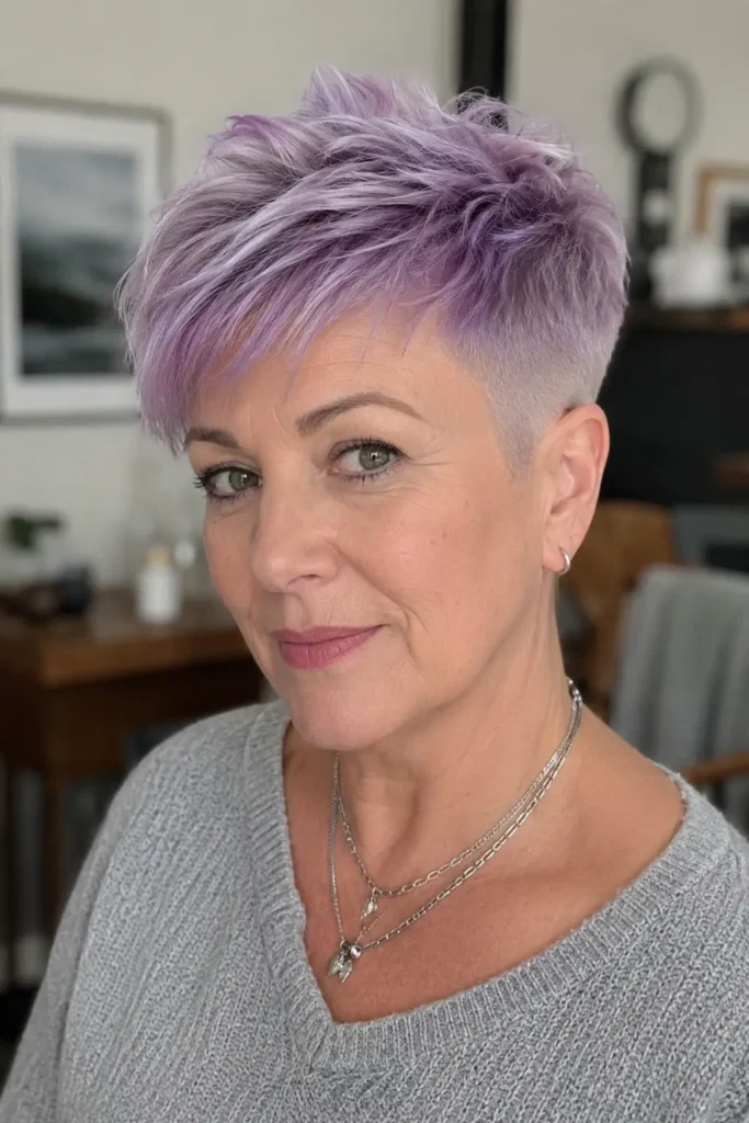 woman over 40 with a lavender pixie fade haircut featuring a pastel purple textured top and closely faded sides.