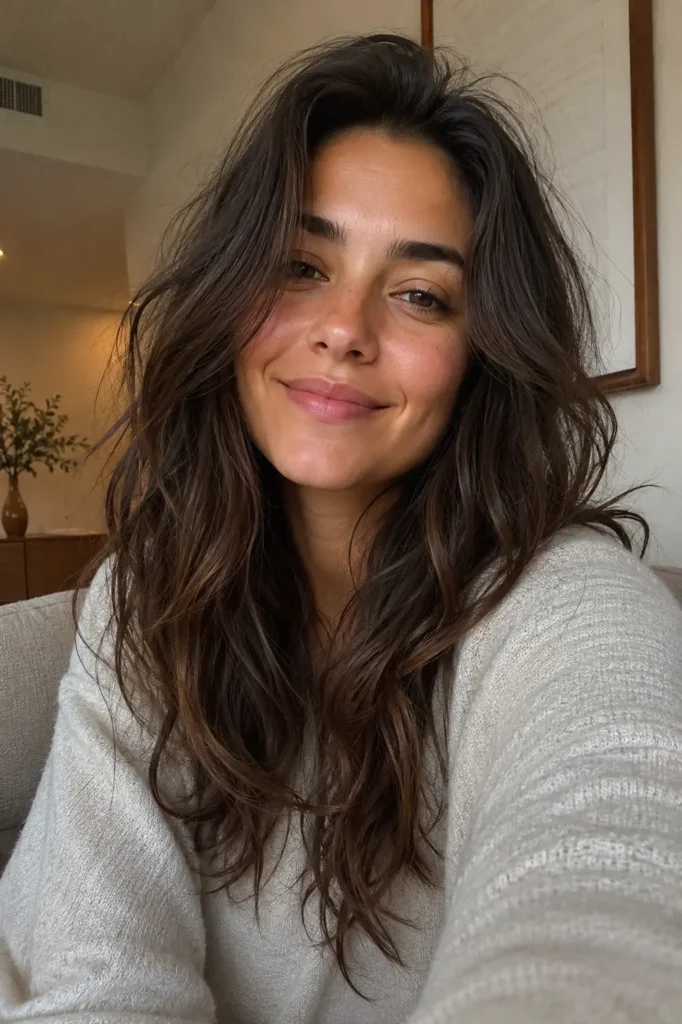 Young woman with thick wavy layered beach waves wearing an oversized cream sweater, smiling naturally in cozy indoor lighting with soft neutral background and realistic Pinterest-style lifestyle aesthetic.
