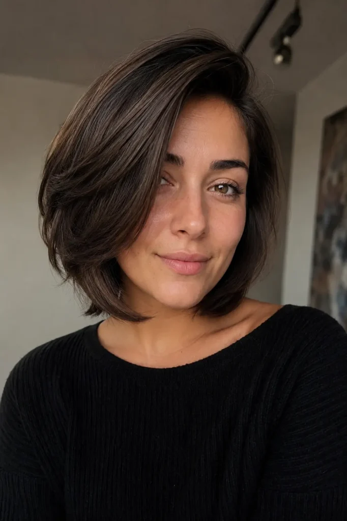 real woman in her late 20s with a sleek layered bob haircut and deep side part, featuring soft volume and smooth layers.