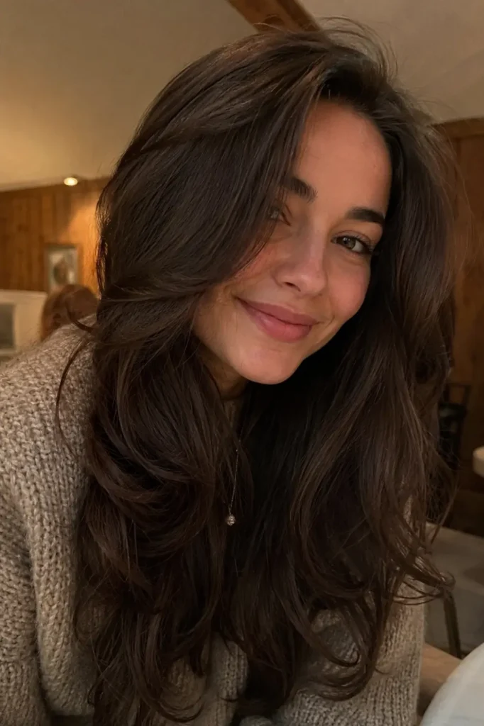 Young woman with layered chocolate brown thick wavy hair posing indoors under warm ambient lighting, wearing a cozy knit sweater