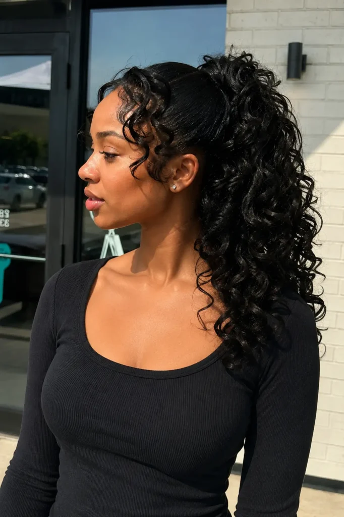 young woman with a layered curly quick weave ponytail hairstyle featuring voluminous, defined curls with natural movement