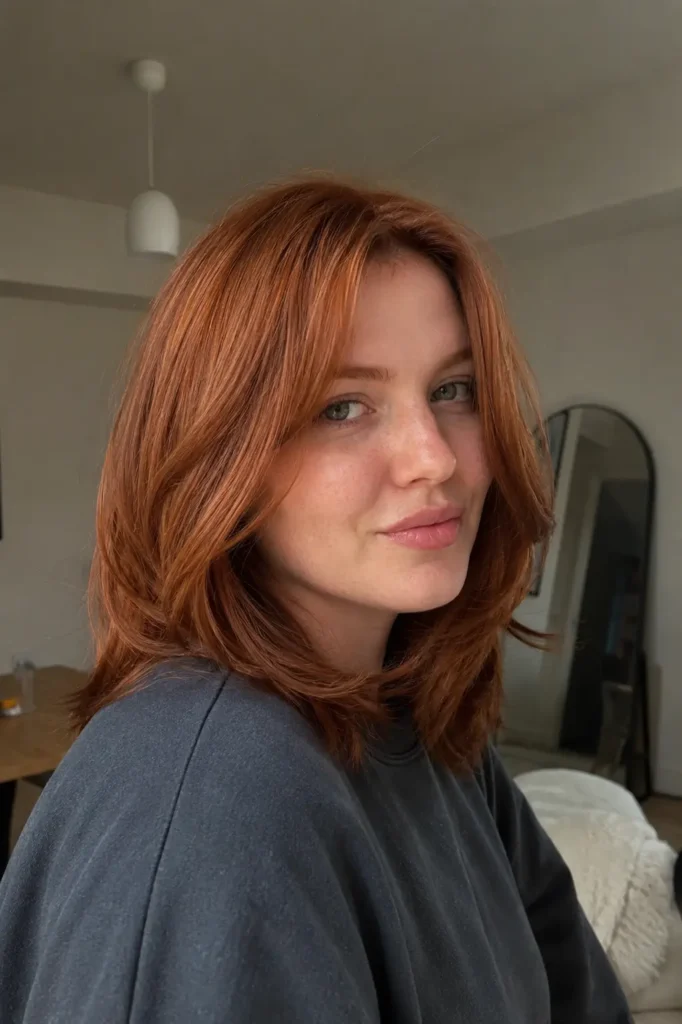 A real girl with thick red hair styled in a curved layered bob with soft inward bends, sitting indoors near a window in natural light with a relaxed and authentic expression.